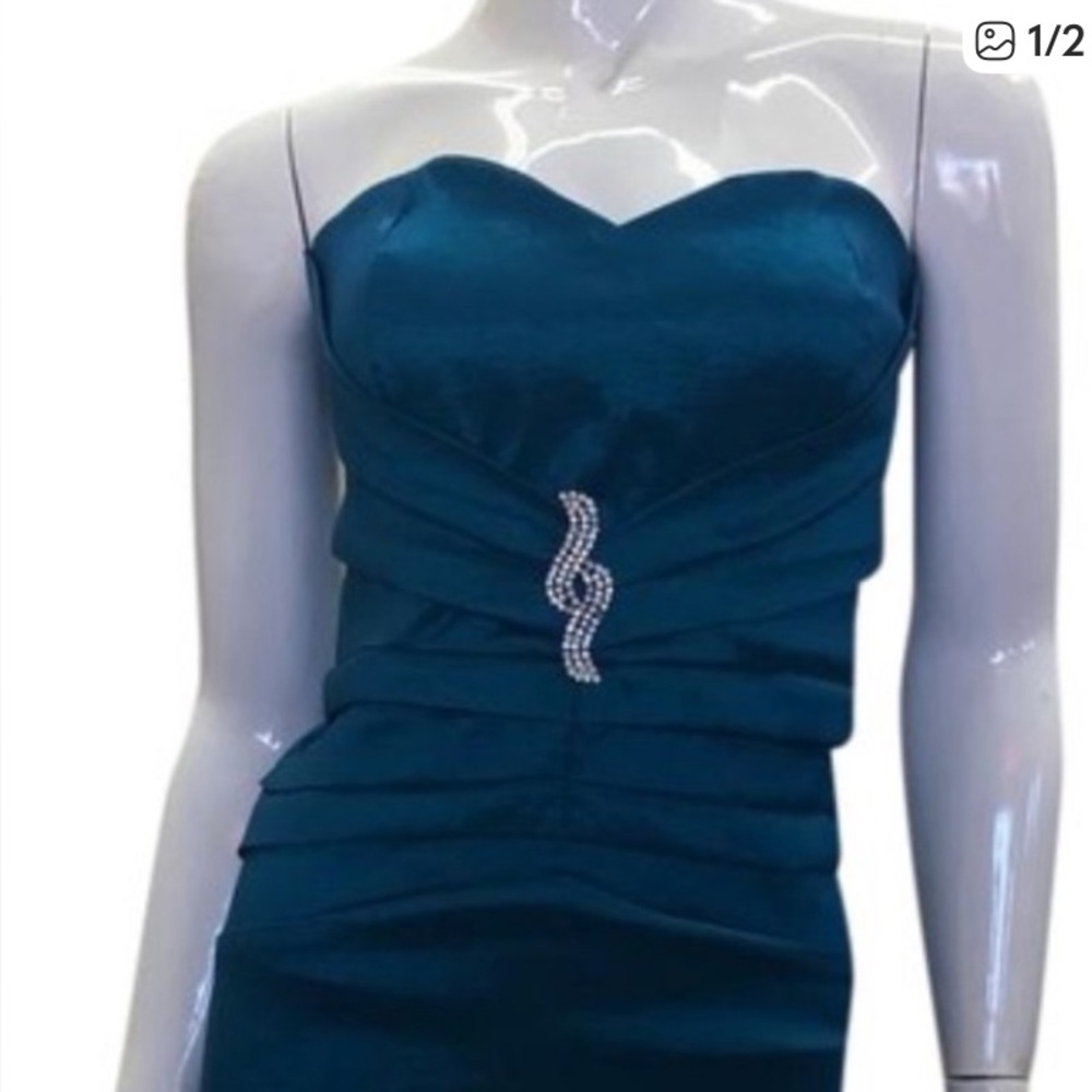vintage dress strapless turquoise w-brooch accent small mini
